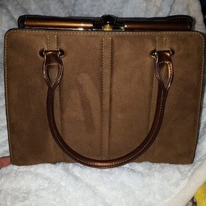 Bronze patent and suede handbag